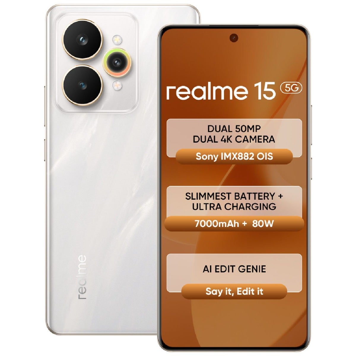realme 15 5G (8GB RAM, 128GB Storage) Flowing Silver | 7000mAh Battery with 80W Charge | MediaTek Dimensity 7300+ Processor | 50 MP Sony IMX882 AI main camera