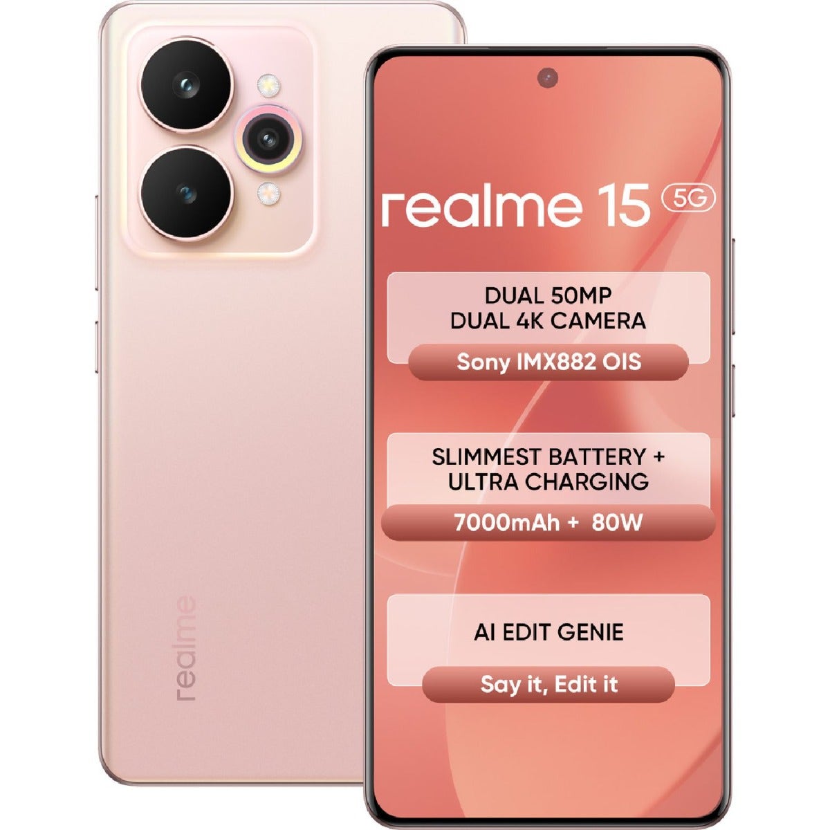 realme 15 5G (8GB RAM, 128GB Storage) Silk Pink | 7000mAh Battery with 80W Charge | MediaTek Dimensity 7300+ Processor | 50 MP Sony IMX882 AI main camera
